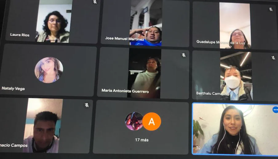 Pantalla del webinar en vivo con las personas conectadas y Sandy conduciendo la sesión