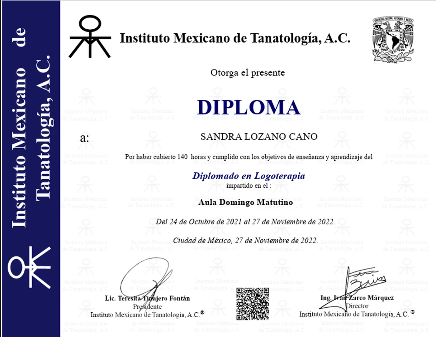 Diploma: Diplomado en Logoterapia